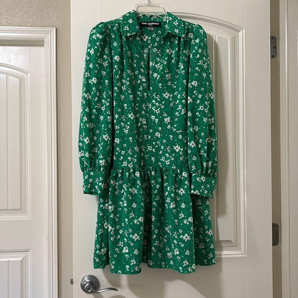 Karl Lagerfeld Emerald Green Floral Long Sleeve Shirt Dress